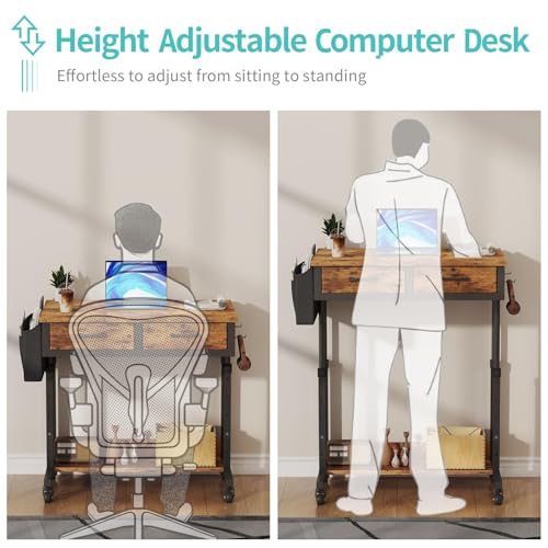 Small Portable Standing Rolling Desk - 32 Inch Adjustable Mobile Stand Up Teacher Desks with 2 Fabric Drawers on Wheels, Couch Sofa Side Laptop Table with Storage for Bedroom Home Office, Rustic Brown WINAZ