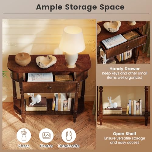 Giantex 2-Tier Console Table, 36" Retro Entryway Table with Storage Drawer & Elegant Legs, Narrow Wooden Sofa Table with Open Shelf for Living Room, Foyer, Hallway, Bedroom, Entrance (Brown) Giantex