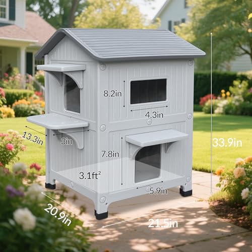Weatherproof Outdoor Insulated Cat House for Feral Multi Cat, 2 Storey Plastic Elevated Cat Shelter with Escape Door, Easy Assemble, Expansive Interior Grey 34" D x 21" W x 21.5" H HiCaptain