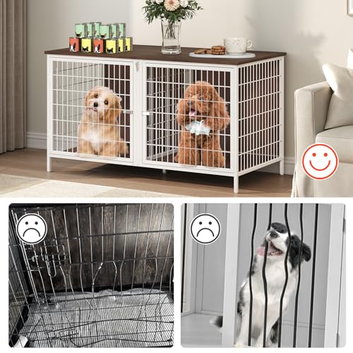 MAHANCRIS Dog Crate Furniture for 2 Dogs, 43.3" Dog Kennel with Removable Divider, Heavy Sturdy Dog Furniture Style Double Cage for Small Medium Dogs, Indoor Pet House End Table, White and Walnut MAHANCRIS
