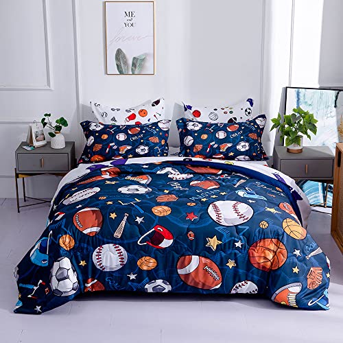 Wajade Sports Comforter Set - 7 Piece Queen Bedding with 3D Soccer, Basketball, Baseball, Football Design for Kids Wajade
