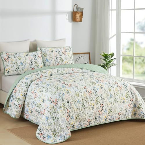 Anibedding Floral Quilt Set Queen Size,3 Pieces Flower Parrten Bedspread Coverlet,Garden Style Soft Lightweight Micorfiber Bedding Set with 2 Pillowcases for All Seaaon.(96"×90",Green) Anibedding
