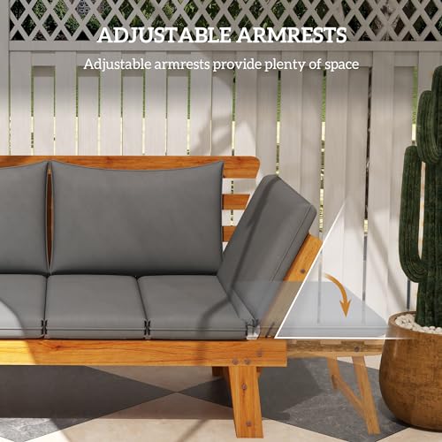 Outsunny Grey Wooden Garden Bench with Cushions and Adjustable Armrests for Outdoor Spaces Outsunny