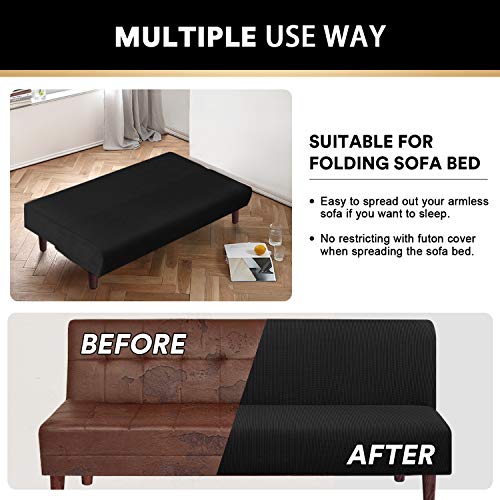 PrinceDeco Stretch Armless Futon Cover Futon Slipcover Full Queen Size Futon Couch Sofa Cover Bed Cover Furniture Protector with Elastic Bottom, Checked Pattern Jacquard, Black PrinceDeco