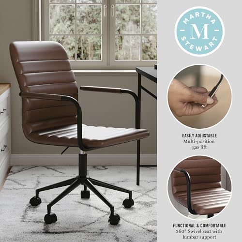 Martha Stewart Taytum Swivel Task Chair with Armrests for Home Office in Saddle Brown Faux Leather with Oil Rubbed Bronze Frame Martha Stewart