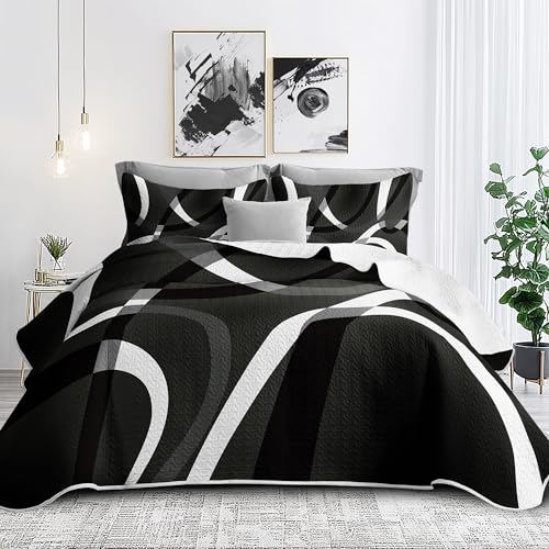 weesire Black and White Bedding Quilt King Size with 2 Shams, Modern Stripe Comforter Sets Classic Line Pattern Bedspreads Grey and White Coverlet, 96''x106'' weesire