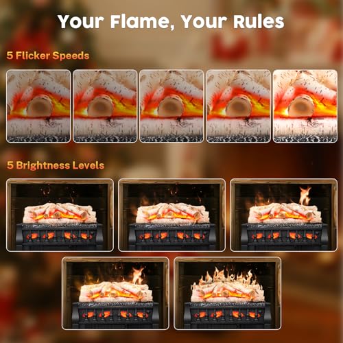 KISSAIR Electric Fireplace Log Inserts Heater, 21'' Freestanding Electric Fireplace Log Set, 5 Flame Brightness, 5 Flicker Speed, Heater 750W/1500W with Remote Control, Overheat Protection KISSAIR