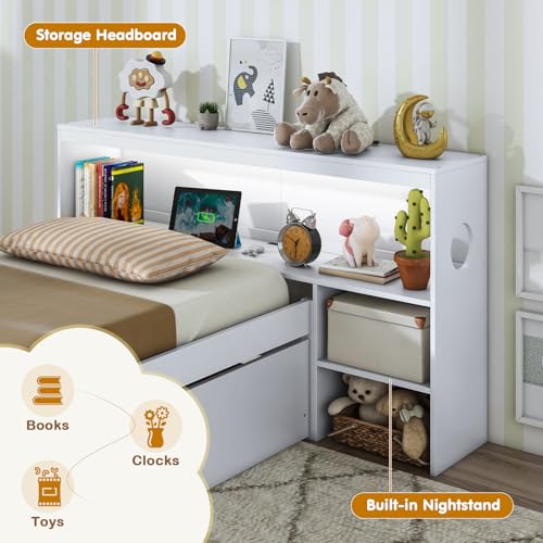 Giantex Wood Twin Bed Frame with Storage Drawer & Headboard, Modern Platform Bed with Charging Station & LED Light, Built-in Nightstand, Single Bed with Slats Support, Twin Bed Frames for Kids (White) Giantex