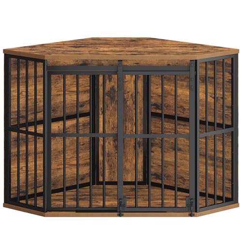 Hzuaneri Corner Dog Crate Furniture with Barn Door, Heavy Duty Dog Kennel Indoor, Wooden Decorative Pet Cage for Small Medium Dogs, Space-Saving TV Stand Anti-Chew Anti-Escape, Rustic Brown DFC88901B Hzuaneri