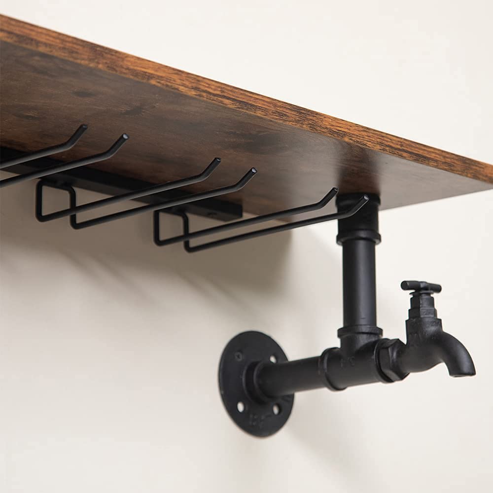HEONITURE Industrial Pipe Shelves Wine Rack Wall Mounted with 4 Stem Glass Holder,Bar Shelves 39in Metal Hanging Wine Rack, Rustic Floating Pipe Shelf, Living Room Kitchen Decor Display Rack HEONITURE