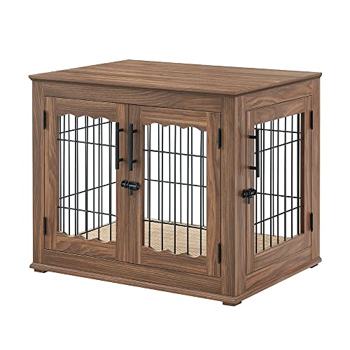 beeNbkks Furniture Style Dog Crate End Table, Double Doors Wooden Wire Dog Kennel with Pet Bed, Decorative Pet Crate Dog House Indoor Medium Large beeNbkks
