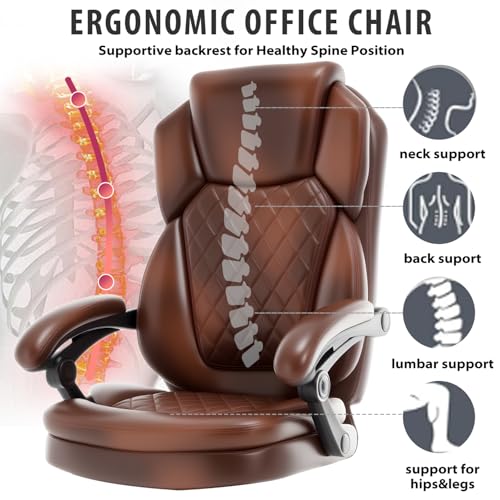 linting 400lbs Reclining Office Desk Chair with Footrest, Plus Size Comfortable Big Tall Brown Leather Recliner Office Chairs for Heavy People linting