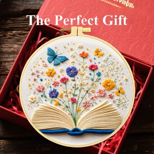Zhenqing Open Book Garden Embroidery Kit, Fantasy Floral Craft Set with 20cm Hoop, Printed Design on 29x29cm Cotton Fabric, DIY Butterfly Wall Art (JC0023)