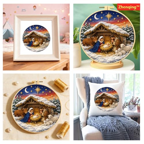 Zhenqing Nativity Embroidery Kit for Beginners, Pre-Printed 29x29cm Circular Cotton Fabric with 20cm Hoop, Christmas Nativity Scene Design for Holiday Decor (JC0025