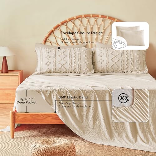 MR&HM Full Size Bed Sheets and Comforter Set Beige, 7 Pieces Tufted Boho Beddding Sets, Farmhouse Style Bed in a Bag with 1 Comforter, 2 Pillow Shams, 2 Pillowcases, 1 Flat Sheet, 1 Fitted Sheet MR&HM