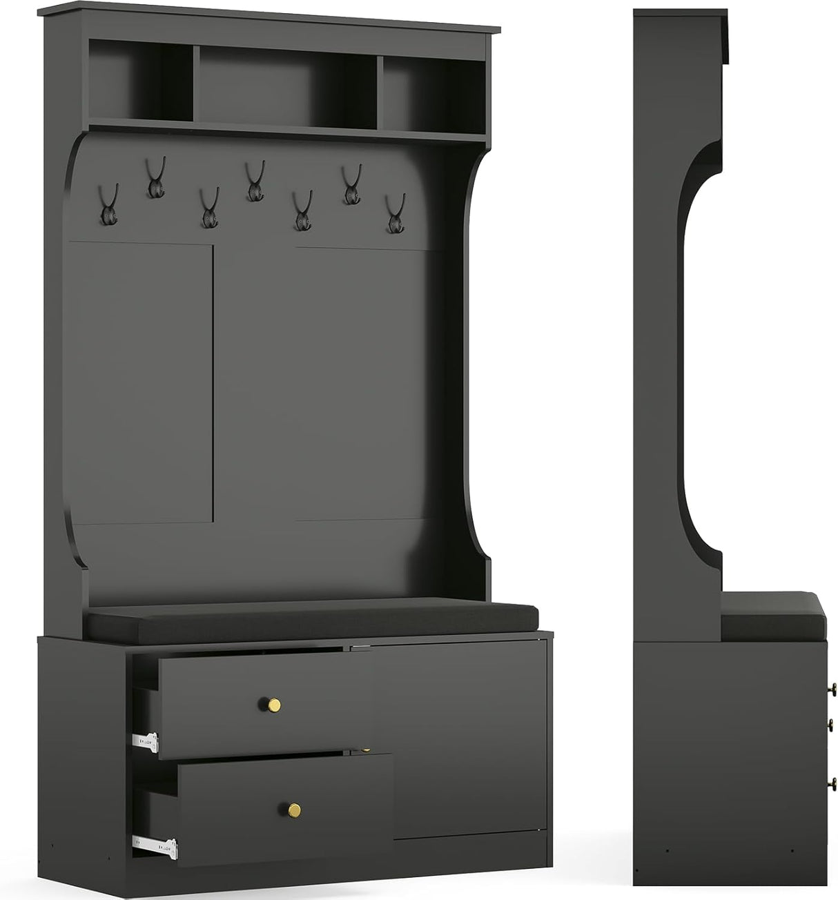 ComeWay Hall Tree with Storage 70.9 Inch Height, Coat Rack with 7 Hooks & Shoe Cabinet with Doors, 6-in-1 Farmhouse Hall Tree Anti-toppling, Shoes Rack for Entryway Hallway, Modern Black ComeWay