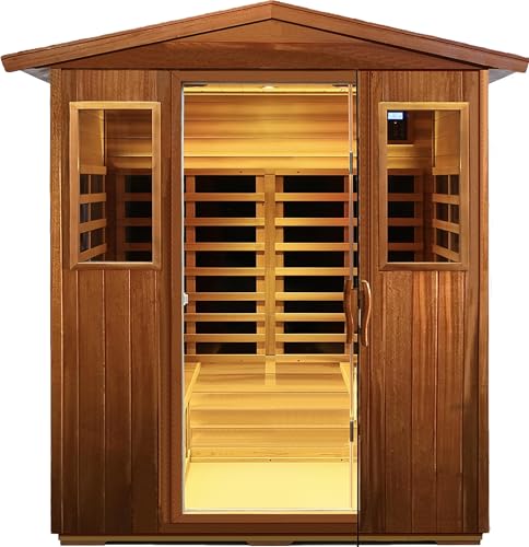 LTCCDSS Mahogany Outdoor Sauna 4 Person, Low EMF Far Infrared Sauna for Home, Withstand Outdoor Temp -10℉-149℉| 12 Low EMF Boards-Chromotherapy-Bluetooth Speakers (68.1 * 52.4 * 82.7 inch) LTCCDSS