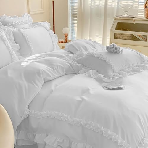 Girls Lace Bedding, Full Comforter Cover Set, Chic Ruffled Duvet Cover with 2 Layers Ruffle,Princess Style 1 Duvet Cover with 2 Pillowcases, No Comforter-White,Full SOUKECHY
