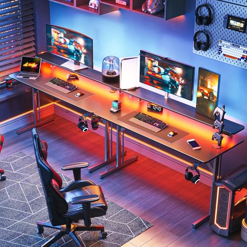 MOTPK 47 Inch Gaming Desk with LED Lights, Computer Desk Gaming Table with Monitor Shelf, Gamer Desk with Carbon Fiber Texture, Kids Boys Desk Gift for Men MOTPK