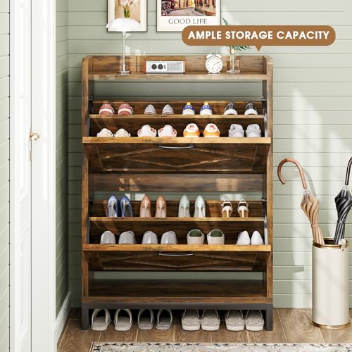 GRUSIGN Shoe Cabinet, Shoe Storage Cabinet with 2 Flip Drawers & Adjustable Shelf, Space-Saving Shoe Organizer – Holds 12+ Pairs, Narrow Shoe Cabinet Storage for Entryway/Hallway(Brown) GRUSIGN