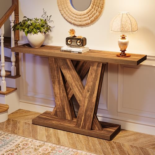 Tribesigns 55-Inch Farmhouse Console Table, Farmhouse Behind The Couch Table TV Stand with Geometric Base, Skinny Sofa Table Entryway Table for Entrance, Living Room, Hallway, Foyer, Rustic Brown Tribesigns