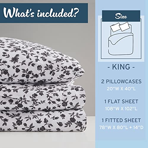 Intelligent Design Printed Microfiber Sheet Set, Soft Modern Bedroom Decor, Elastic Deep Pocket, All Season, Lightweight, Breathable, Cozy Bedding, Matching Pillowcase, King Black Floral 4 Piece Intelligent Design
