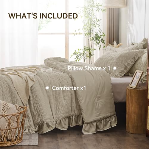 JOLLYVOGUE Twin Size Comforter Set, 2 Pieces Linen Seersucker Lightweight Fluffy Bedding Set, Twin Ruffle Comforter, All Season Soft Microfiber Shabby Chic Bed Set JOLLYVOGUE