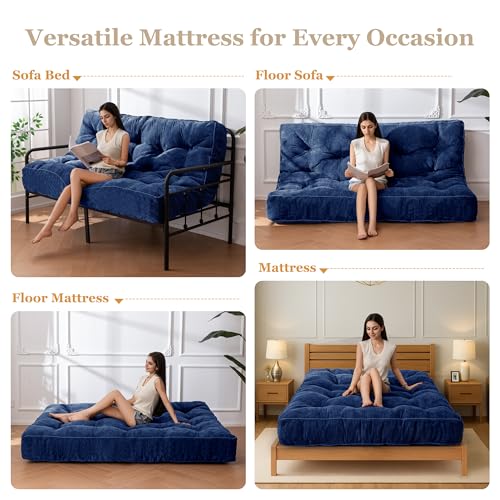 YOSHOOT 8 Inches Futon Mattress Full Size, Thick Futons Sofa Couch Bed, Chenille Fabric Floor Mattress for Adults, Shredded Foam Filling, Medium Firm(Frame Not Included), Blue, 54"x75" YOSHOOT