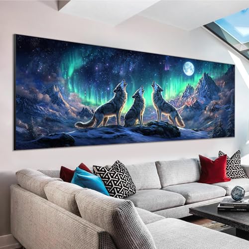 VAIIEYO Large Diamond Art Kits for Adults Wolf, Diamond Art Animal Aurora Moonlight, Large Diamond Painting Kits Full Drill Round Rhinestone Craft Canvas for Home Wall Decor Gift 12x31 inch VAIIEYO