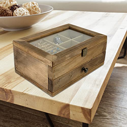 Excello Global Products Jewelry Box: Farmhouse Solid Wood Rustic Distressed Jewelry Organizer. Includes Glass Window and Storage Drawer. EXCELLO GLOBAL PRODUCTS