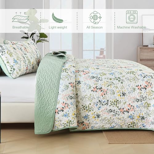 Anibedding Floral Quilt Set Queen Size,3 Pieces Flower Parrten Bedspread Coverlet,Garden Style Soft Lightweight Micorfiber Bedding Set with 2 Pillowcases for All Seaaon.(96"×90",Green) Anibedding