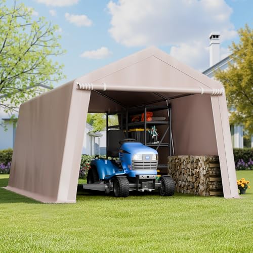 VEVOR 10 × 15 ft Outdoor Storage Shed Tent with Heavy-Duty Steel Frame, 2 Roll-Up Doors & Air Vents, Waterproof Portable Garage Carport Shelter for Motorcycle, Lawn Mower, Garden Tools – Beige VEVOR