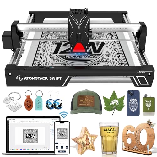 ATOMSTACK Swift Laser Engraver for Beginners, 12000mW Output Laser Cutter, Laser Class 4, 300×300mm Working Area, 0.08mm Accuacy Engraving Machine for Wood, Leather, Coated Metal, Acrylic (Swift 12W) KoveYzao