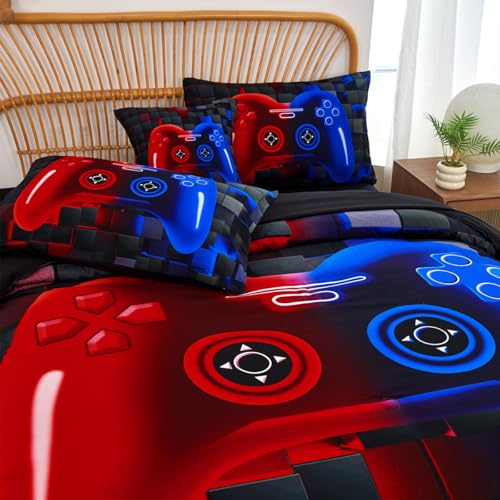 PERFEMET 6 Pieces Kids Comforter Sets Twin Size Red and Blue Game Console Bedding Set for Boys Girls Soft Fluffy 3D Cool Teen Gamer Bed in A Bag for All Seasons(Red Blue, Twin) PERFEMET