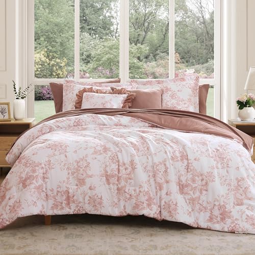 BLOOMHAVEN Full Comforter Set -7 Pieces Pink Floral Comforter Set for All Seasons, Bed in a Bag Full with Botanical Flowers Comforter, Sheets, Pillowcases & Shams BLOOMHAVEN