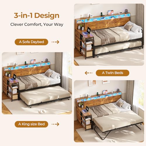 MSmask Daybed with Trundle, Twin Day Bed with 3 Storage Drawers and Shelves, Farmhouse Wooden Daybed Frame with Charging Station and LED Lights for Bedroom, Rustic Brown MSmask