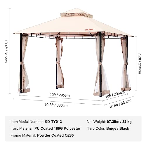 VEVOR Patio Gazebo for 6-8 Person, 10 x 10 FT Backyard Gazebo, with Mosquito Netting, Metal Frame, and PU Coated 180G Polyester, Outdoor Canopy Shelter for Patio, Backyard, Lawn, Garden, Deck VEVOR