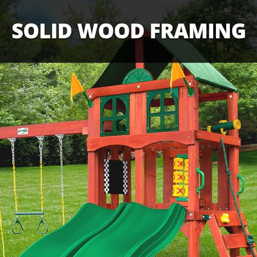 Gorilla Playsets 01-1057 Playmaker Deluxe Wooden Swing Set with Vinyl Canopy Roof, Dual Wave Slides, and Rock Climbing Wall, Redwood Stained Cedar (Amazon Exclusive) Gorilla Playsets