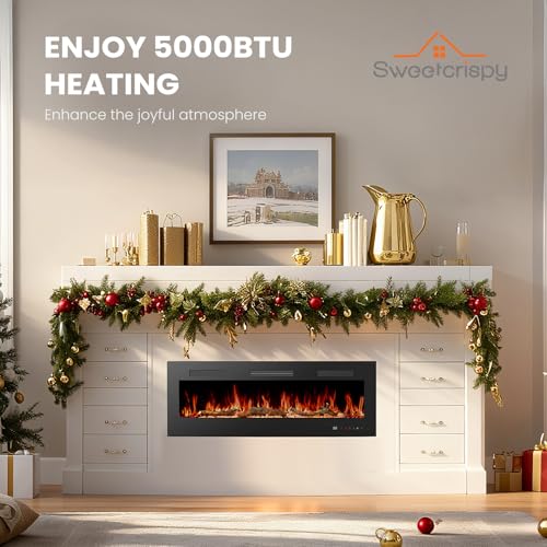 Sweetcrispy 60” Electric Fireplace Insert, 1500W Wall Mounted & Recessed Fireplace, Freestanding Fireplace Heater with Remote & Touch Panel Control, Adjustable Flame Effect, 12H Timer for Indoor use Sweetcrispy