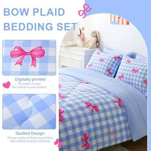 Wajade Bow Comforter Set 7 Piece Blue White Plaid Comforter Sets for Girls Kids Twin Size Checkered Bedding Set with Sheet and 2 Pillowcases 2 Pillow Shams Cute Girls Bed in a Bag as Birthday Choice Wajade