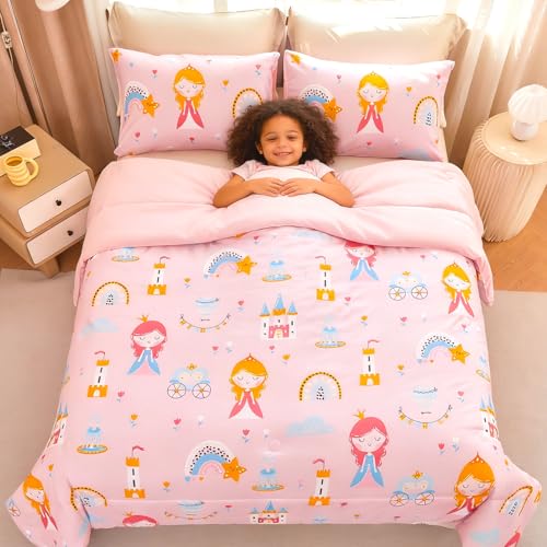 WINLIFE Pink Princess Comforter Set Queen Size for Girls 3 Pieces Soft Microfiber Cute Floral Fairytale Castle Pink and Blue Bedding Sets WINLIFE