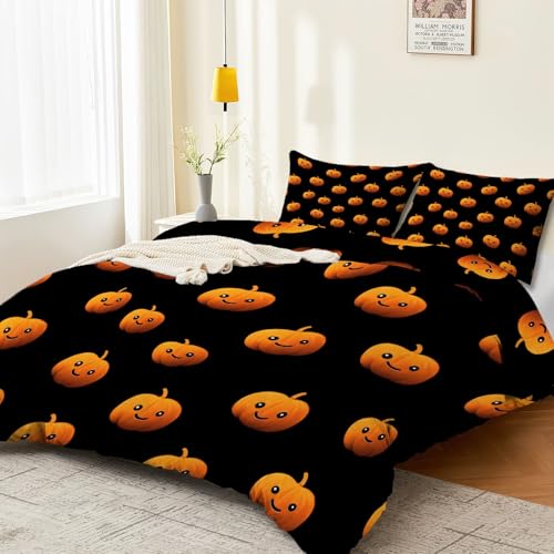 Aesthetic Duvet Cover Set Black - Single 3-Piece Double-Sided Printed Bedding with Minimalist Pumpkin Cartoon Design, Ultra-Soft Microfiber Quilt Cover with Zipper for a Calm Generic