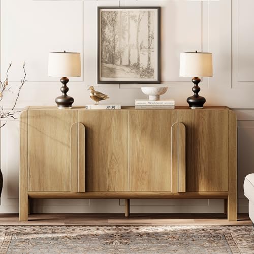 WAMPAT 63" W Large Buffet Sideboard Cabinet with Storages, Modern Buffet Table Coffee Bar Wine Bar Storage Curved Cabinet with 4 Doors for Dining Room, Living Room, Kitchen, Light Walnut WAMPAT