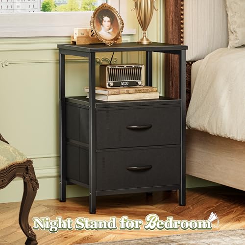 Huuger Night Stand Set of 2, Nightstand with 2 Drawers, Bed Side Table with Open Shelf, Wooden Top, End Table, Fabric Drawer, for Bedroom, Black Huuger