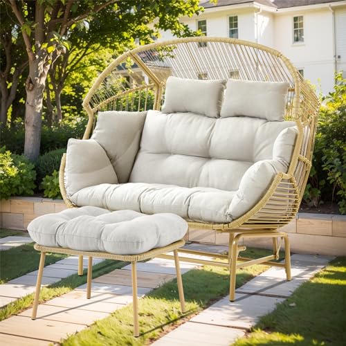 Patio Chairs Outdoor Egg Chair - 2 Person Wicker Rocking Glider Chair Rattan Patio Lounge Rocker Chairs with Cushion and Pillow for Outside Porch Deck Backyard Garden(Yellow/Beige) Pugire