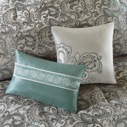 Madison Park Essentials Brystol 24 Piece Room in a Bag Faux Silk Comforter Jacquard Paisley Design Matching Curtains Down Alternative Hypoallergenic All Season Bedding-Set, King (104 in x 92 in), Teal Madison Park