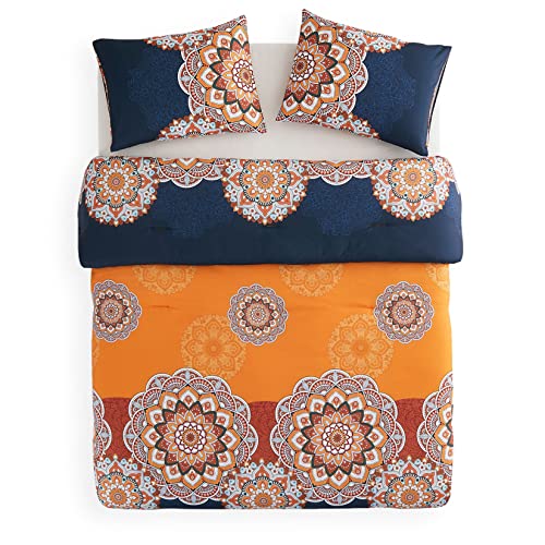 Wake In Cloud - Bohemian Comforter Set, Boho Chic Ornate Floral Elements Pattern Printed for Men Women, Soft Lightweight Bedding, 3 Pieces, Orange Navy, Queen Size Wake In Cloud
