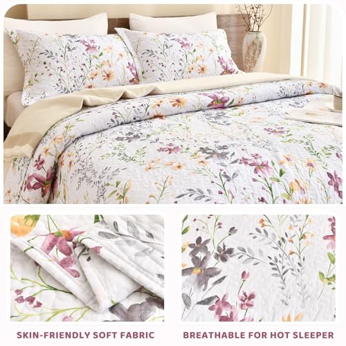 Sanracie 100% Cotton Quilt King Bedding Set(110"x98")-Floral Quilted Bedspreads Set,3pcs Yellow Wild Flower Botanical Printed Pattern Quilt Bedding Coverlet Summer Soft Lightweight Aesthetic Bedding Sanracie