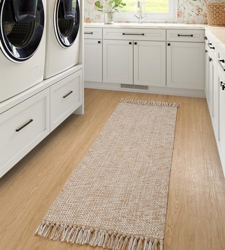 Collive Hallway Runner Rug, 2' x 5' Soft Washable Tan Contemporary Modern Laundry Room Indoor Hand-Woven Cotton Carpet for Bedroom Entryway Front Door Farmhouse Kitchen Collive
