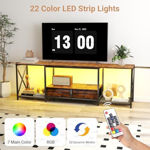 Zevemomo 66.5" LED TV Stand, TV Stands for 55/60/75 Inch TV, Console Tables with LED Strip Lights, Entertainment Center with 4 AC Outlets & 2 USB Ports, Open Storage Shelves for Living Room-Brown Zevemomo